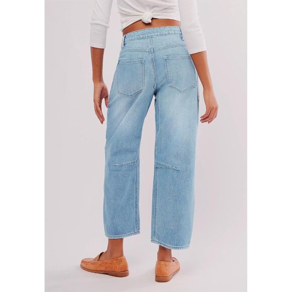 Women's Embroidered Denim Barrel Jeans Wide Leg Low Rise Stretchy Pants - Picture 2 of 4